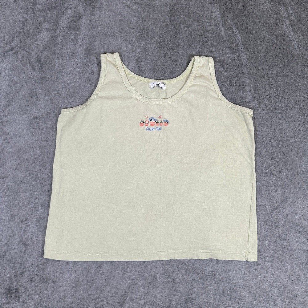 Vintage Cuffy's Cape Cod Embroidered Flower Tank Top Pale Yellow Green L/XL